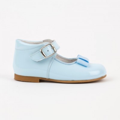 103-L Nens Pale Blue Patent High Back Mary Janes with Ribbon Bow
